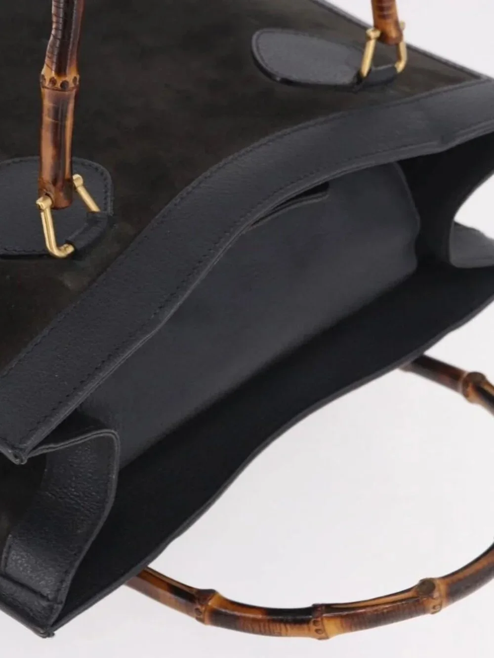 GUCCI Bamboo Tote Bag Suede Black Gold 002 2853 0260 0 Auth 183378